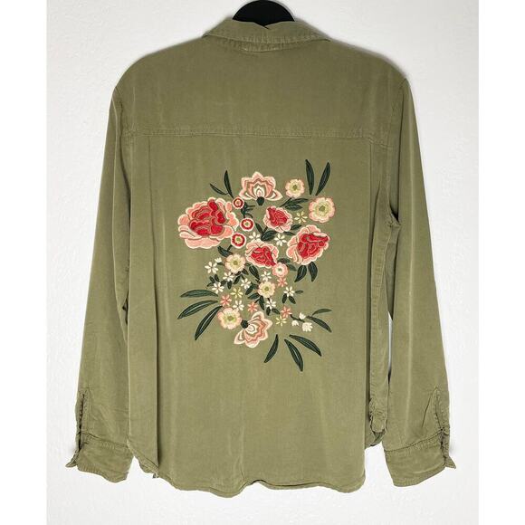 Hummingbird Women's Long Sleeve Button Down Shirt Floral Embroidered Distressed - Picture 1 of 8